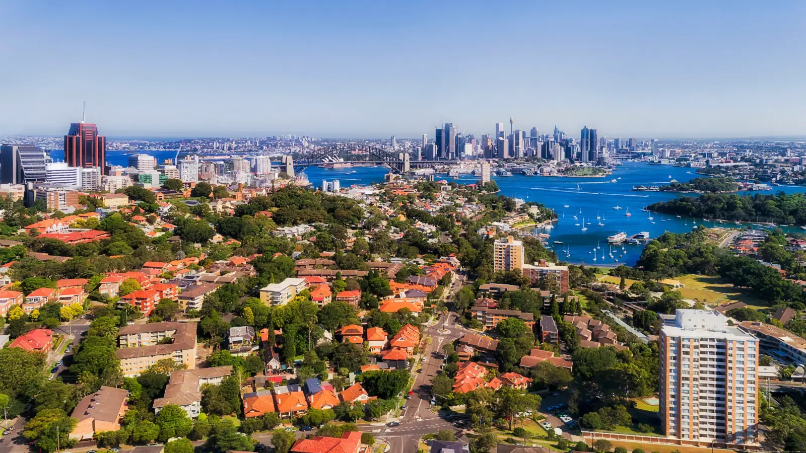 Aerial view of Sydney harbour and the city skyline