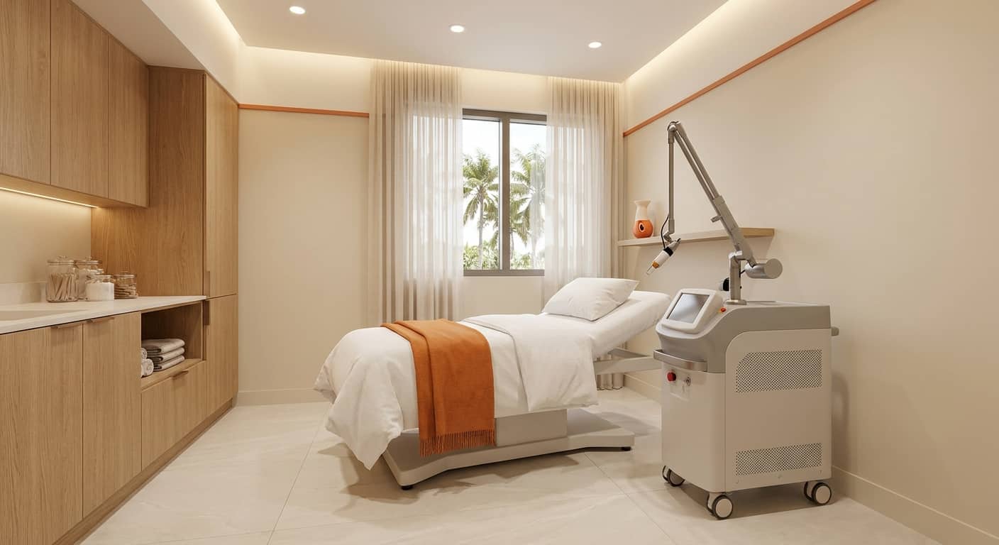 Cosmetic treatment room with treatment bed and equipment