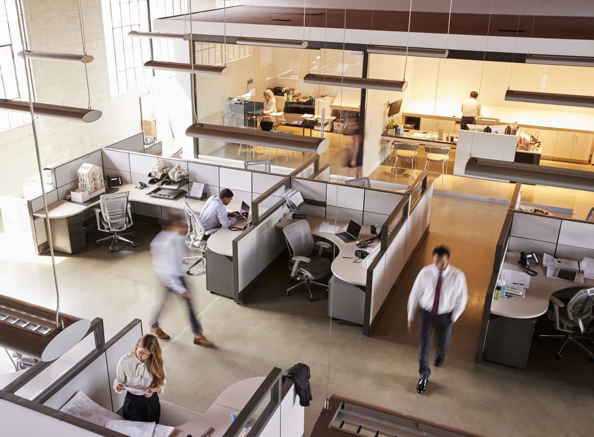 Open-plan office with staff at workstations