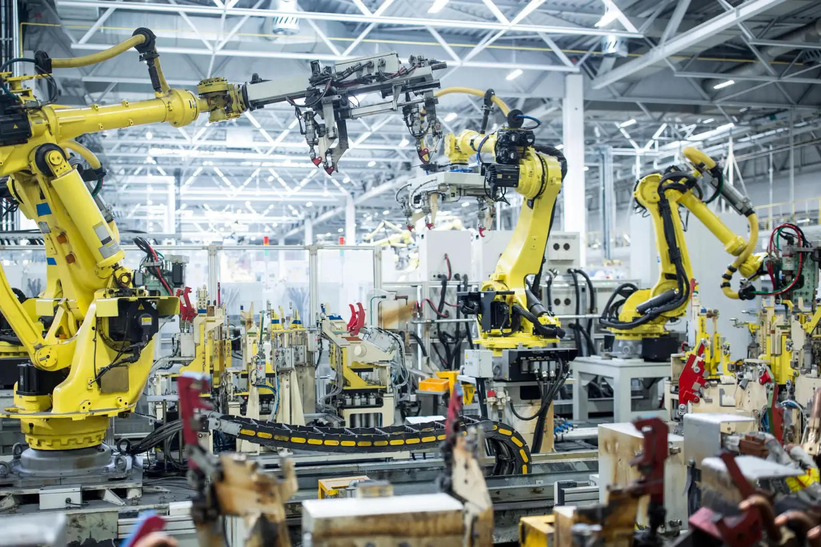 Robotic assembly line inside a manufacturing plant