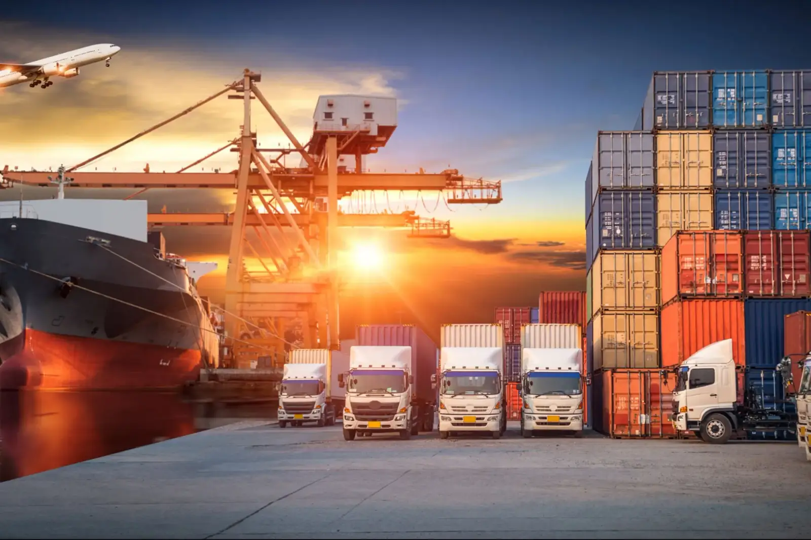 Freight trucks and shipping containers at a logistics terminal